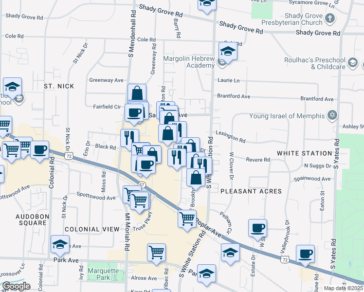 map of restaurants, bars, coffee shops, grocery stores, and more near 5140 Wheelis Drive in Memphis