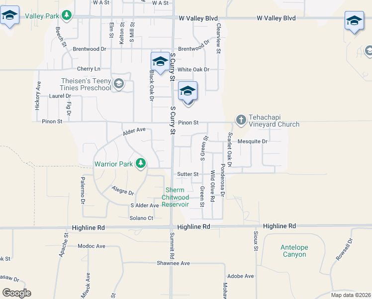 map of restaurants, bars, coffee shops, grocery stores, and more near 116 Sunrise Way in Tehachapi