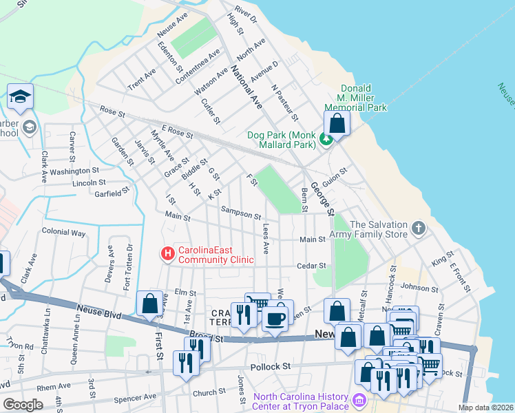 map of restaurants, bars, coffee shops, grocery stores, and more near 1015 Lees Avenue in New Bern