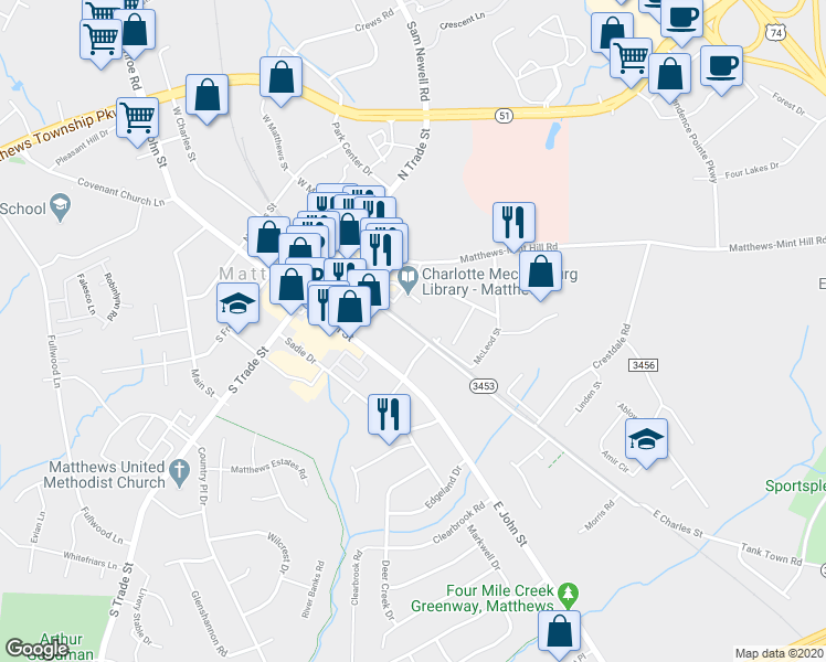 map of restaurants, bars, coffee shops, grocery stores, and more near 329 East Charles Street in Matthews