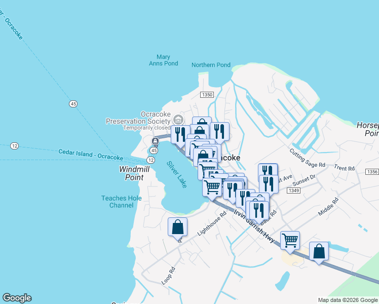 map of restaurants, bars, coffee shops, grocery stores, and more near 205 Irvin Garrish Highway in Ocracoke
