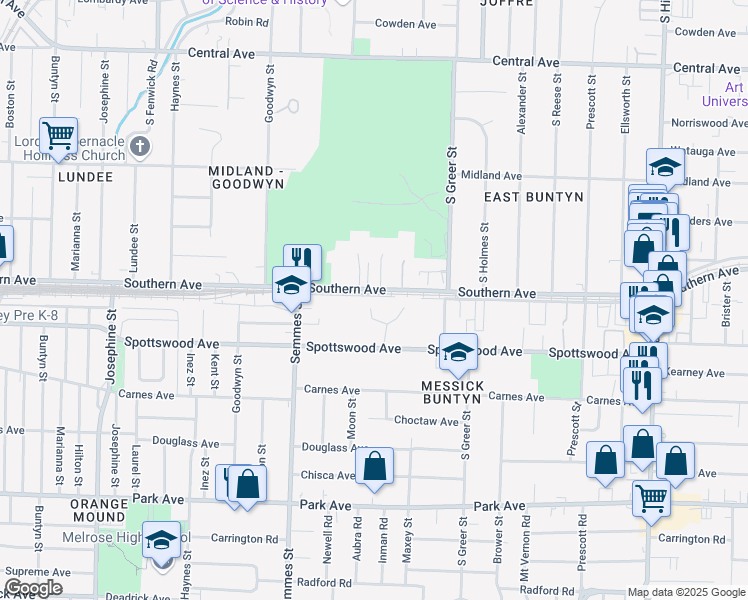 map of restaurants, bars, coffee shops, grocery stores, and more near 3116 Monterrey Square in Memphis
