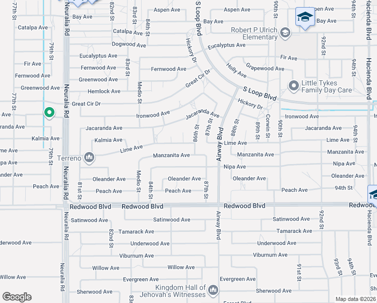 map of restaurants, bars, coffee shops, grocery stores, and more near 8601 Manzanita Avenue in California City