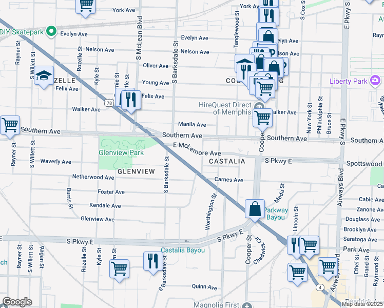 map of restaurants, bars, coffee shops, grocery stores, and more near 1967 East McLemore Avenue in Memphis