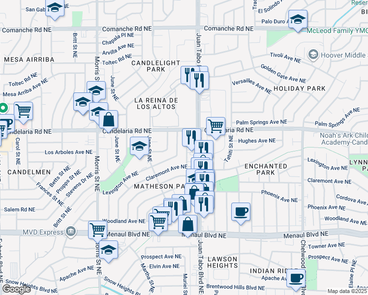 map of restaurants, bars, coffee shops, grocery stores, and more near 2901 Muriel Street Northeast in Albuquerque
