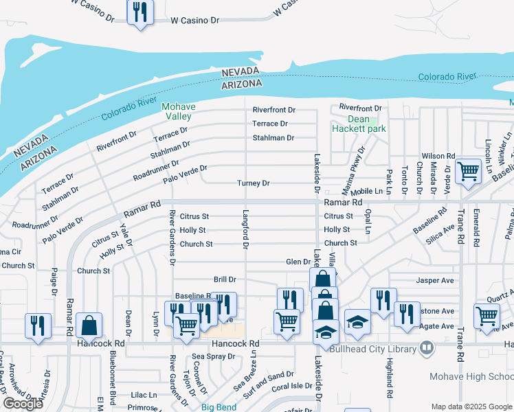 map of restaurants, bars, coffee shops, grocery stores, and more near 892 Ramar Road in Bullhead City
