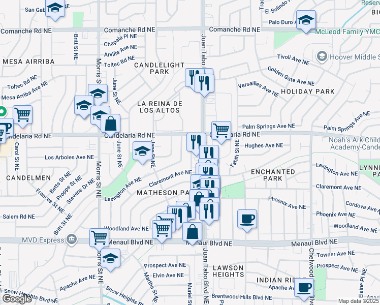 map of restaurants, bars, coffee shops, grocery stores, and more near 2901 Juan Tabo Boulevard Northeast in Albuquerque