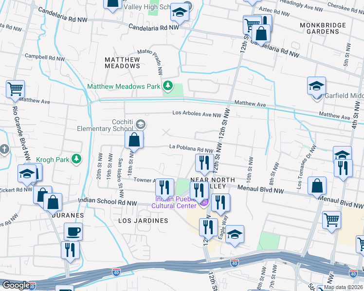 map of restaurants, bars, coffee shops, grocery stores, and more near 1401 La Poblana Road Northwest in Albuquerque
