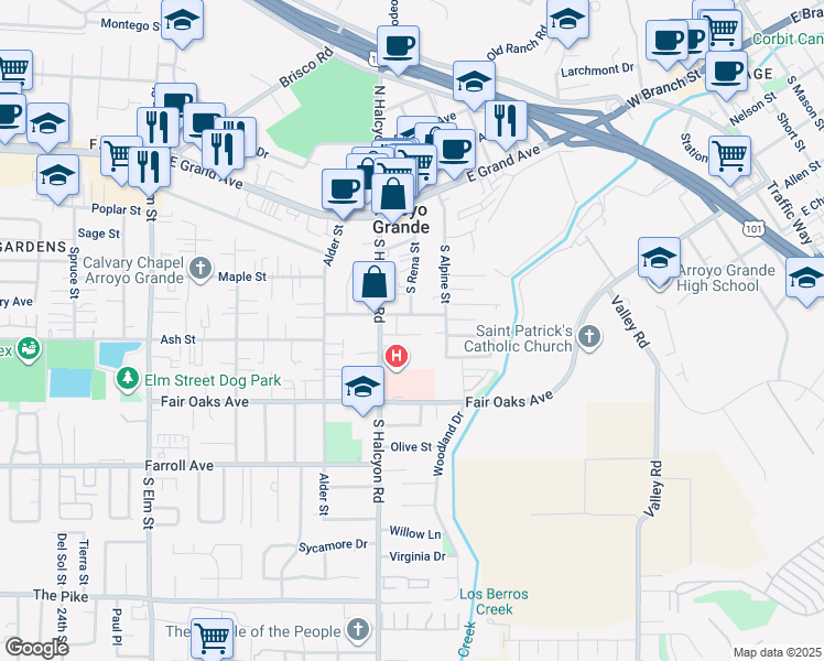 map of restaurants, bars, coffee shops, grocery stores, and more near 291 South Halcyon Road in Arroyo Grande