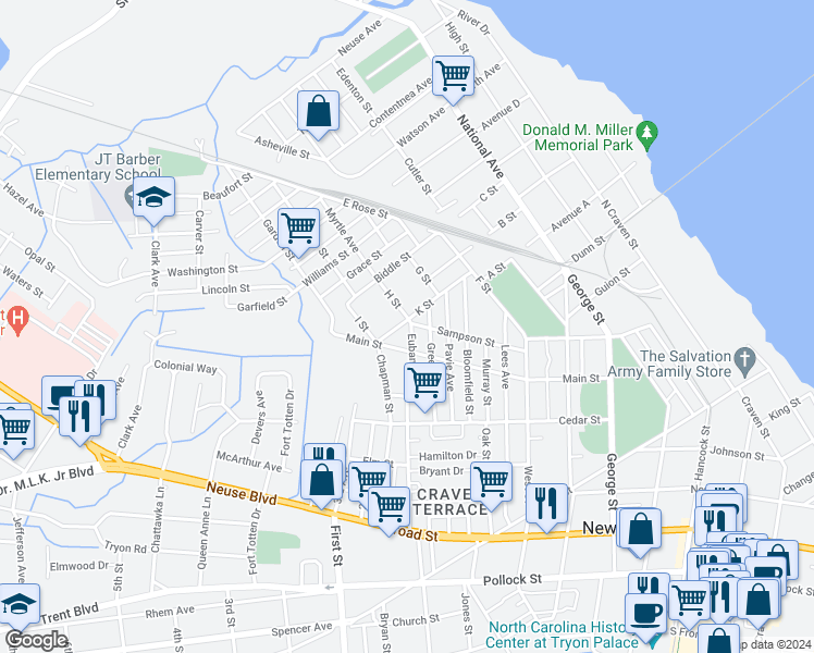 map of restaurants, bars, coffee shops, grocery stores, and more near 1031-1039 Sampson Street in New Bern