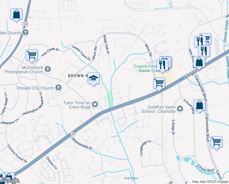 map of restaurants, bars, coffee shops, grocery stores, and more near 12337 Verdant Court in Charlotte