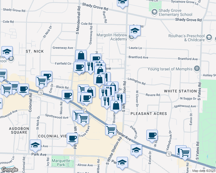 map of restaurants, bars, coffee shops, grocery stores, and more near 5140 Wheelis Drive in Memphis