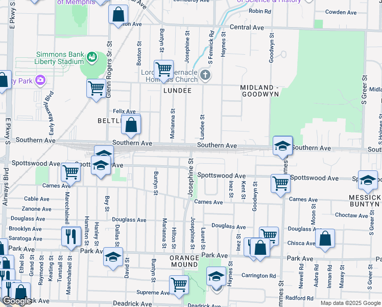 map of restaurants, bars, coffee shops, grocery stores, and more near in Memphis