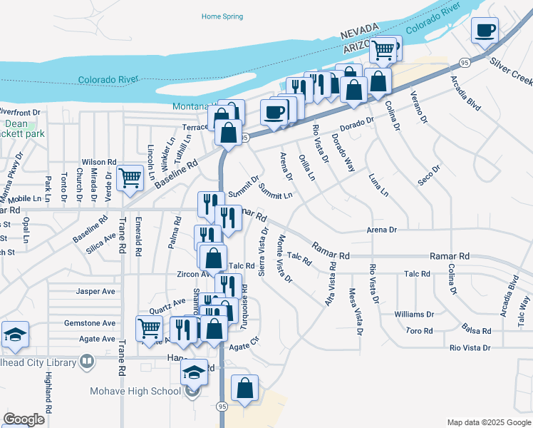 map of restaurants, bars, coffee shops, grocery stores, and more near 1569 Ramar Rd in Bullhead City