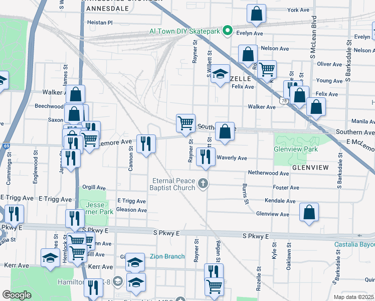 map of restaurants, bars, coffee shops, grocery stores, and more near 1145 Rayner Street in Memphis