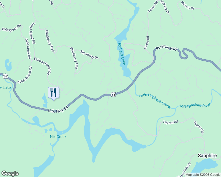 map of restaurants, bars, coffee shops, grocery stores, and more near 2 Hogback Court in Sapphire