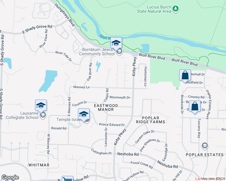 map of restaurants, bars, coffee shops, grocery stores, and more near 6617 Massey Lane in Memphis