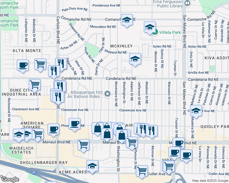 map of restaurants, bars, coffee shops, grocery stores, and more near 2905 Montclaire Drive Northeast in Albuquerque