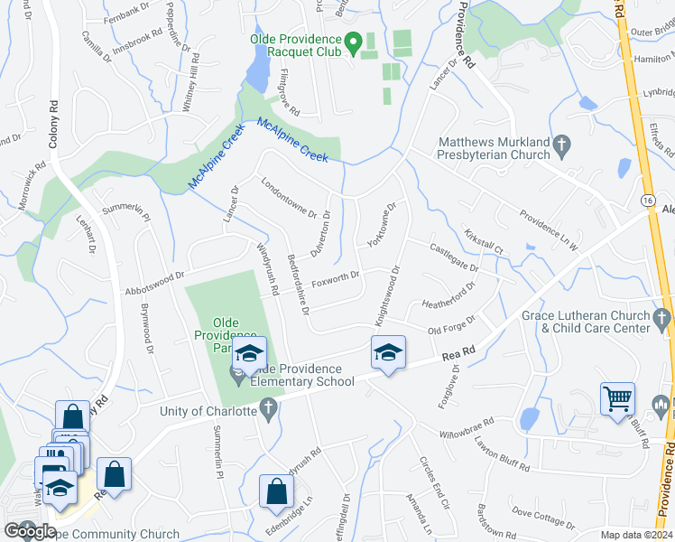 map of restaurants, bars, coffee shops, grocery stores, and more near 7016 Foxworth Drive in Charlotte