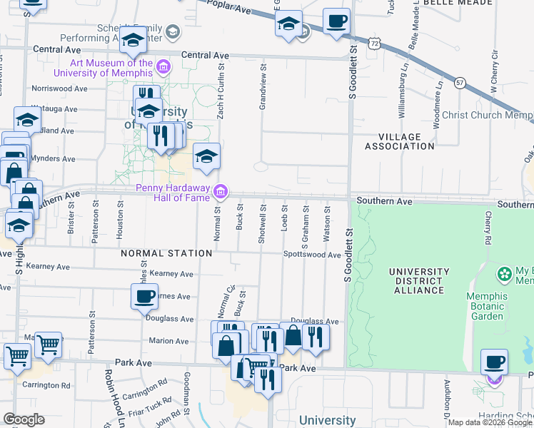 map of restaurants, bars, coffee shops, grocery stores, and more near 596 Shotwell Street in Memphis
