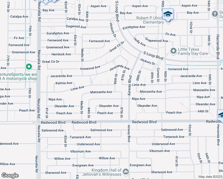 map of restaurants, bars, coffee shops, grocery stores, and more near 8573 Manzanita Avenue in California City