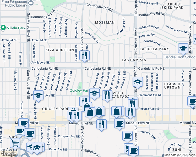 map of restaurants, bars, coffee shops, grocery stores, and more near 2912 California Street Northeast in Albuquerque