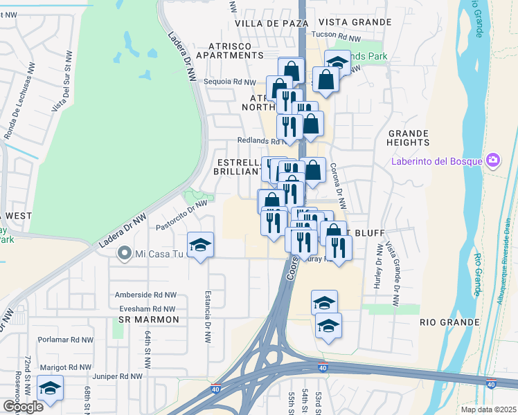 map of restaurants, bars, coffee shops, grocery stores, and more near 5700 Quail Road Northwest in Albuquerque