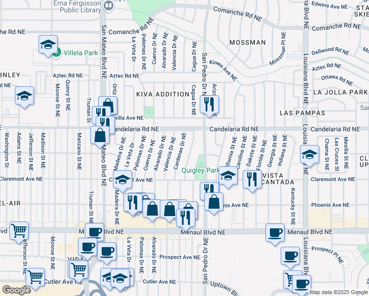 map of restaurants, bars, coffee shops, grocery stores, and more near 2916 Cardenas Drive Northeast in Albuquerque