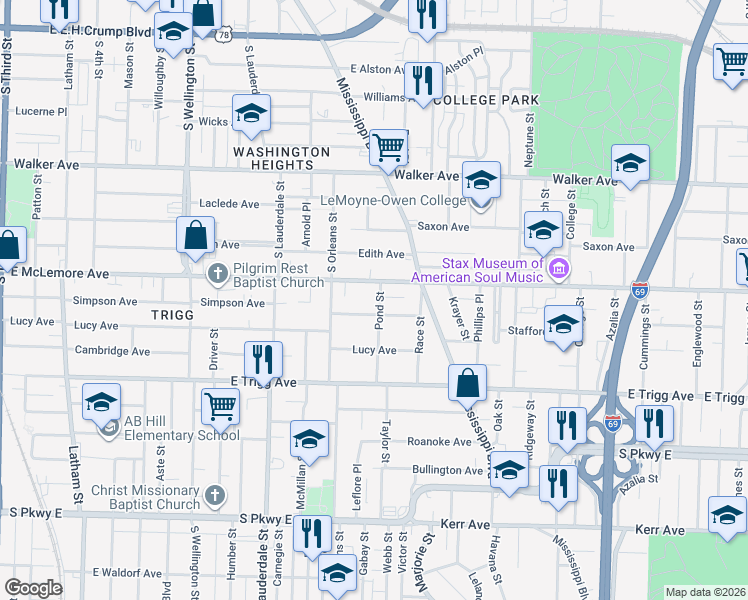 map of restaurants, bars, coffee shops, grocery stores, and more near 1173 Pond Street in Memphis