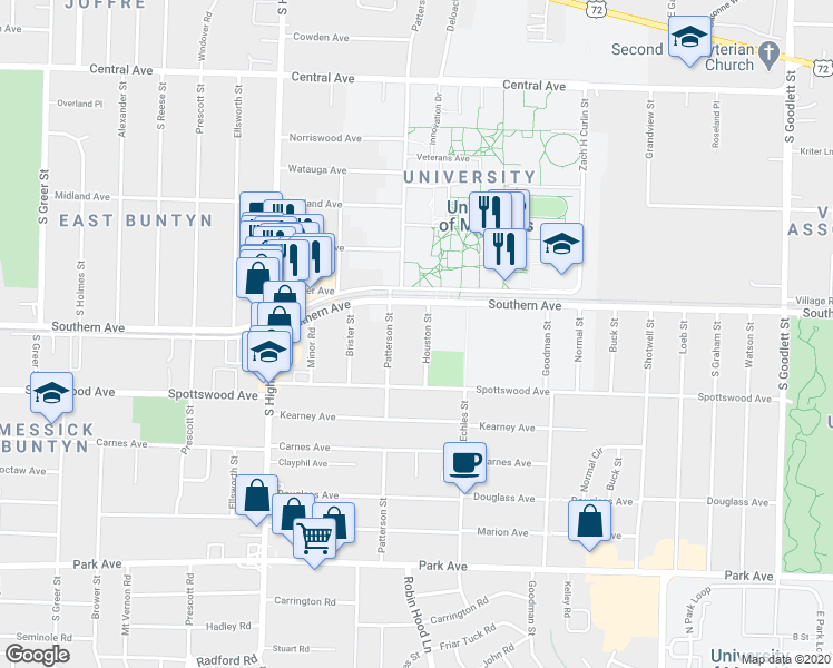 map of restaurants, bars, coffee shops, grocery stores, and more near 599 Houston Street in Memphis