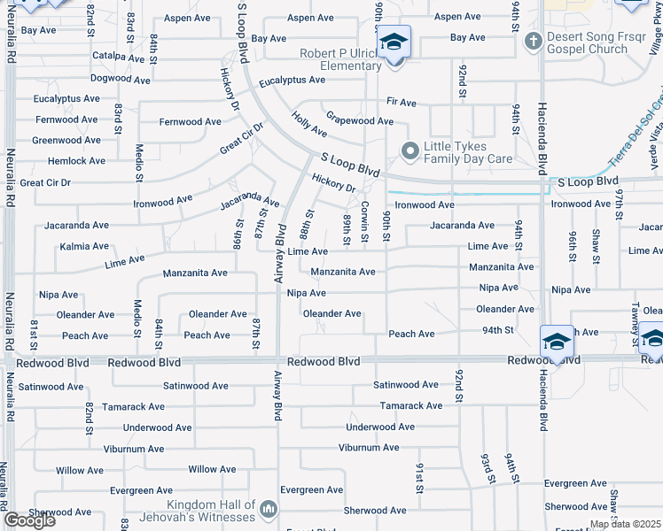 map of restaurants, bars, coffee shops, grocery stores, and more near 8849 Manzanita Avenue in California City