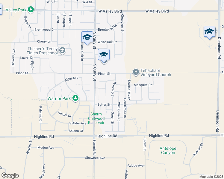 map of restaurants, bars, coffee shops, grocery stores, and more near 1233 South Green Street in Tehachapi