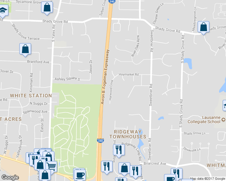 map of restaurants, bars, coffee shops, grocery stores, and more near 588 Harwood Cove in Memphis