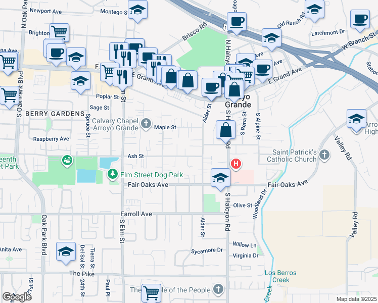 map of restaurants, bars, coffee shops, grocery stores, and more near 1030 Ash Street in Arroyo Grande