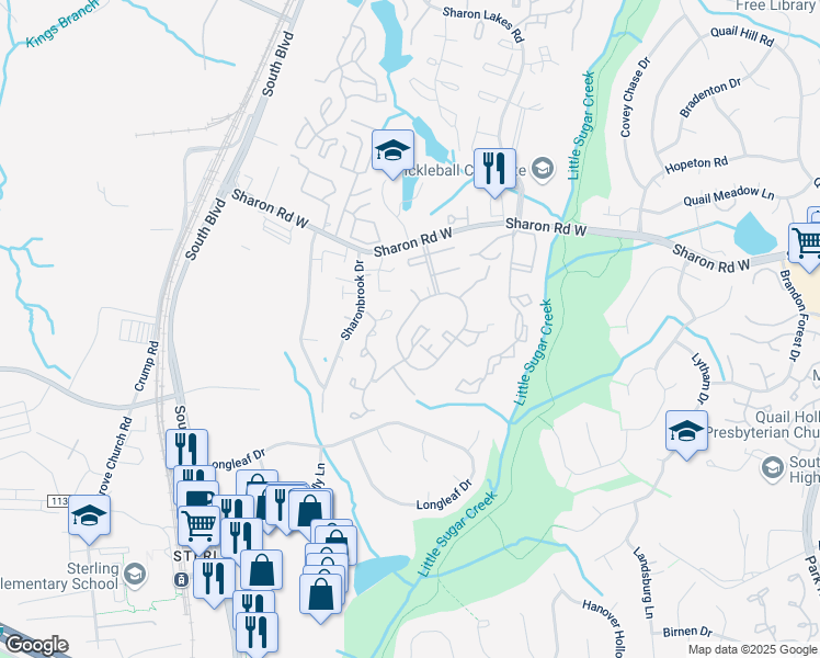 map of restaurants, bars, coffee shops, grocery stores, and more near 1621 Waybridge Lane in Charlotte