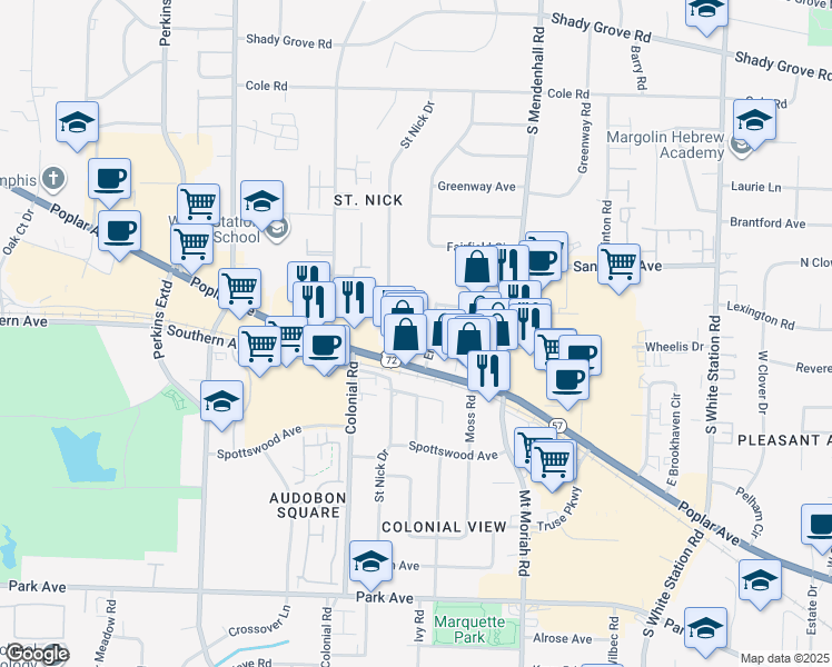 map of restaurants, bars, coffee shops, grocery stores, and more near 575 Erin Drive in Memphis