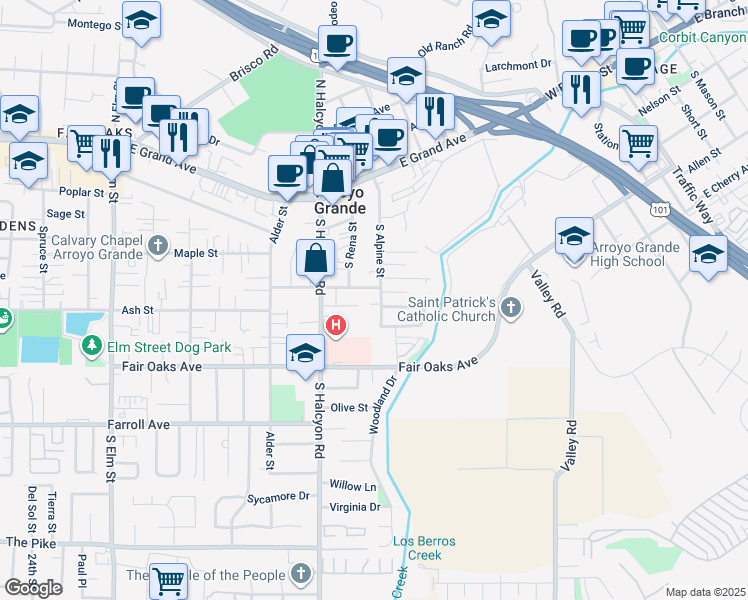 map of restaurants, bars, coffee shops, grocery stores, and more near 226 South Alpine Street in Arroyo Grande