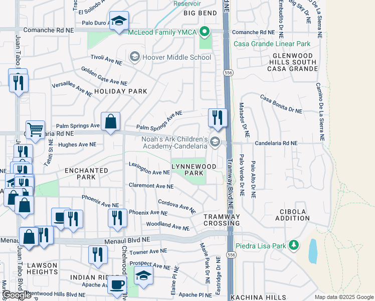 map of restaurants, bars, coffee shops, grocery stores, and more near 2804 Lynne Court Northeast in Albuquerque