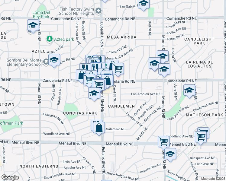 map of restaurants, bars, coffee shops, grocery stores, and more near 2813 Carol Street Northeast in Albuquerque