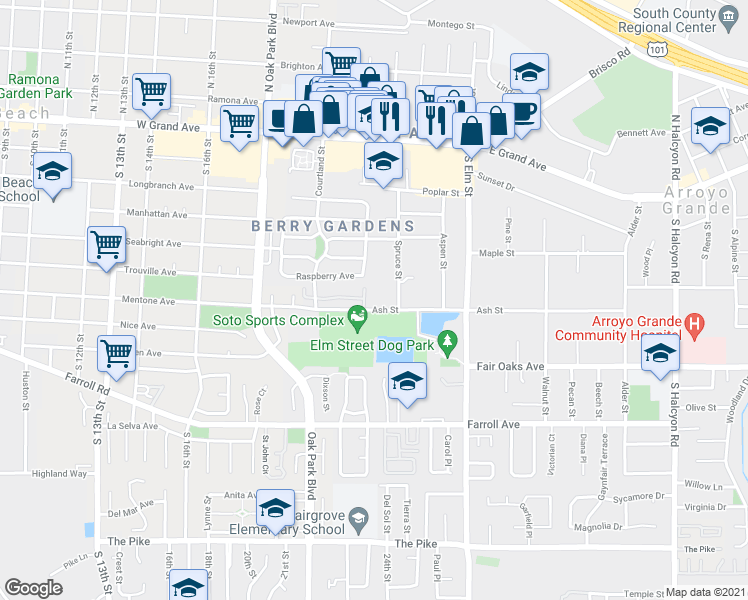 map of restaurants, bars, coffee shops, grocery stores, and more near 1290 Ash Street in Arroyo Grande