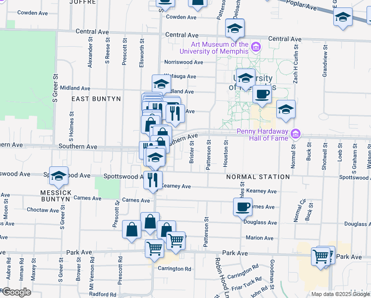 map of restaurants, bars, coffee shops, grocery stores, and more near 3566 Bristerwood Drive in Memphis