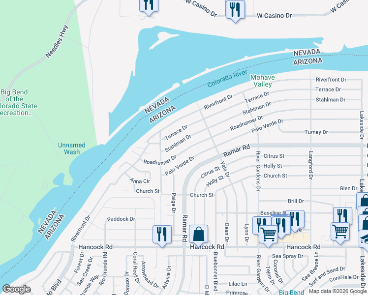map of restaurants, bars, coffee shops, grocery stores, and more near 551 Roadrunner Dr in Bullhead City