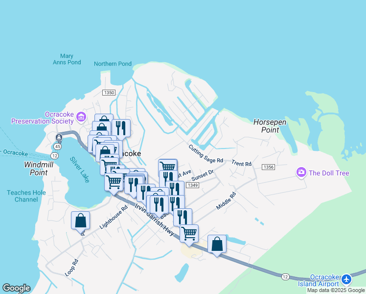 map of restaurants, bars, coffee shops, grocery stores, and more near 45 Brughs Ridge Road in Ocracoke