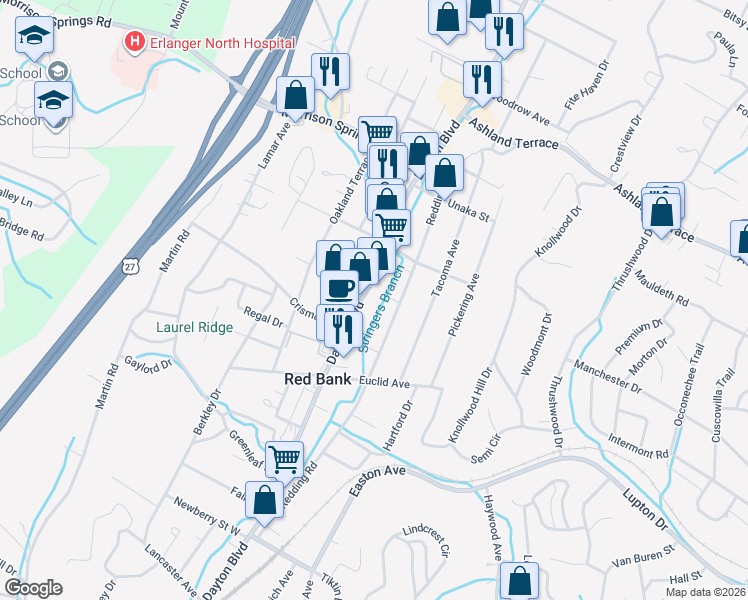 map of restaurants, bars, coffee shops, grocery stores, and more near 3612 Dayton Blvd in Chattanooga