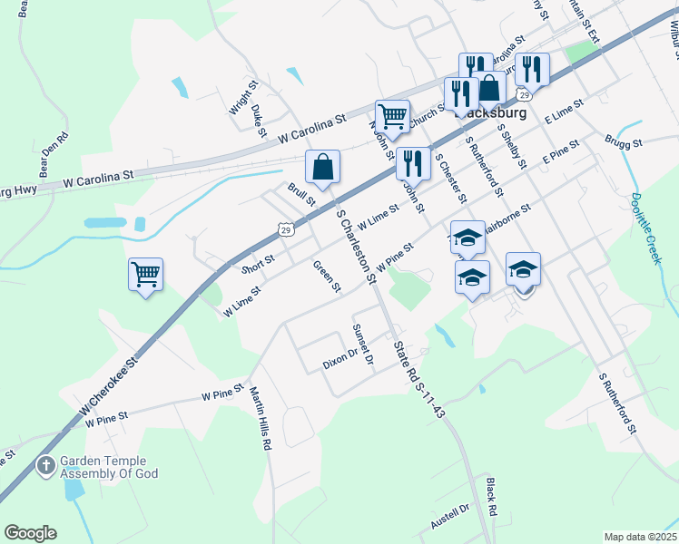 map of restaurants, bars, coffee shops, grocery stores, and more near 123 Green Street in Blacksburg