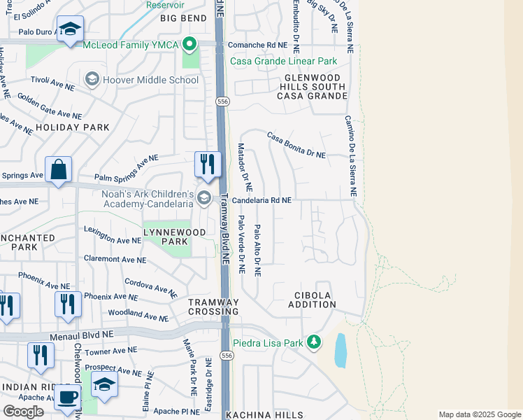 map of restaurants, bars, coffee shops, grocery stores, and more near 2916 Palo Alto Drive Northeast in Albuquerque