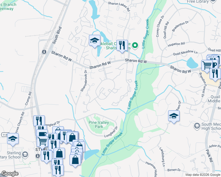 map of restaurants, bars, coffee shops, grocery stores, and more near 8361 Knights Bridge Road in Charlotte