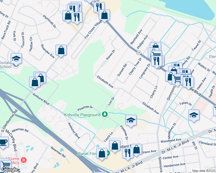 map of restaurants, bars, coffee shops, grocery stores, and more near 2609 Elizabeth Avenue in New Bern