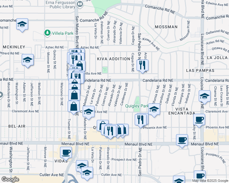 map of restaurants, bars, coffee shops, grocery stores, and more near 2916 Alvarado Drive Northeast in Albuquerque