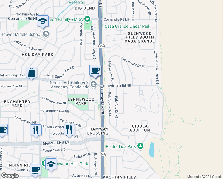 map of restaurants, bars, coffee shops, grocery stores, and more near 2916 Palo Alto Drive Northeast in Albuquerque